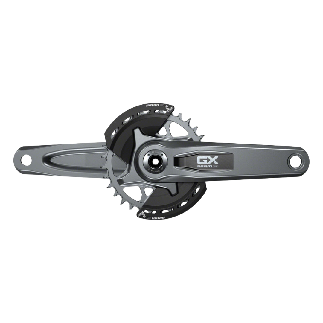 Grupo de transmisión SRAM GX T-Type Eagle: Bielas de 170 mm, plato de 32 dientes, controlador AXS POD, cassette de 10-52 dientes, desviador trasero y cadena.