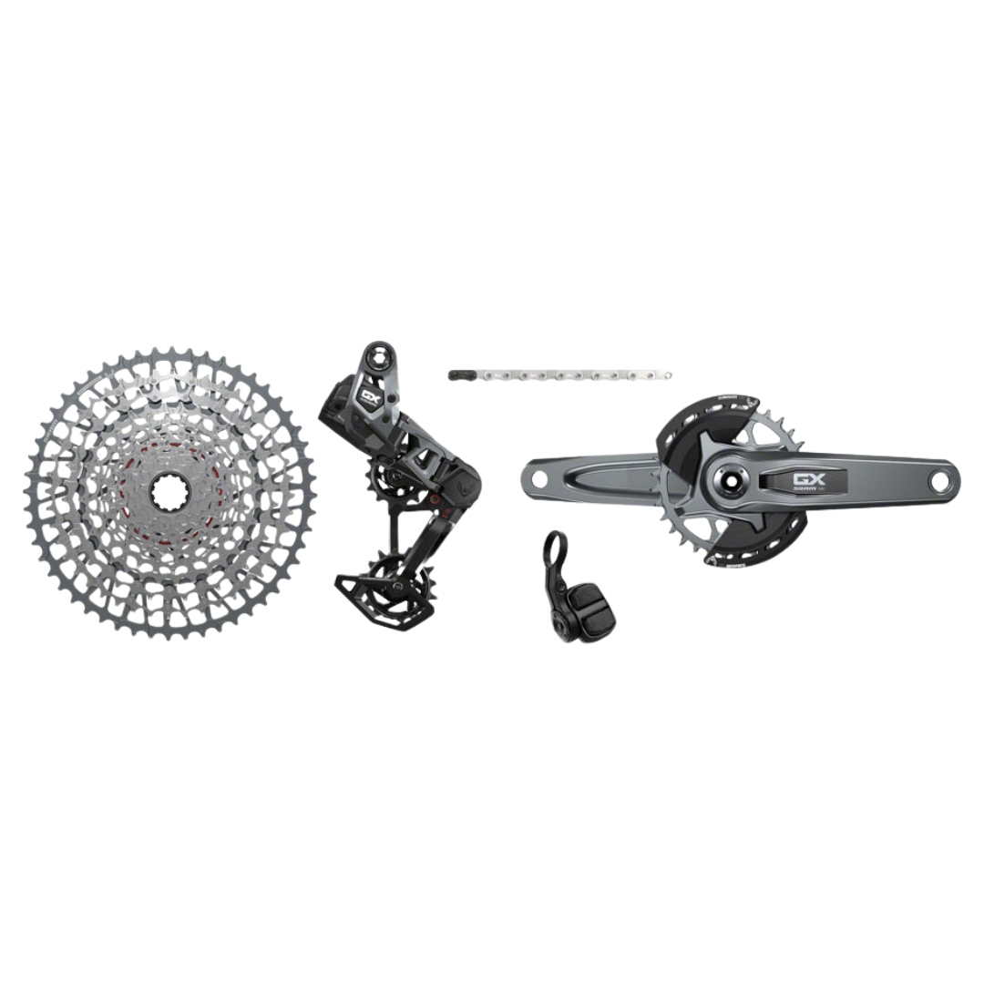 Grupo de transmisión SRAM GX T-Type Eagle: Bielas de 170 mm, plato de 32 dientes, controlador AXS POD, cassette de 10-52 dientes, desviador trasero y cadena.