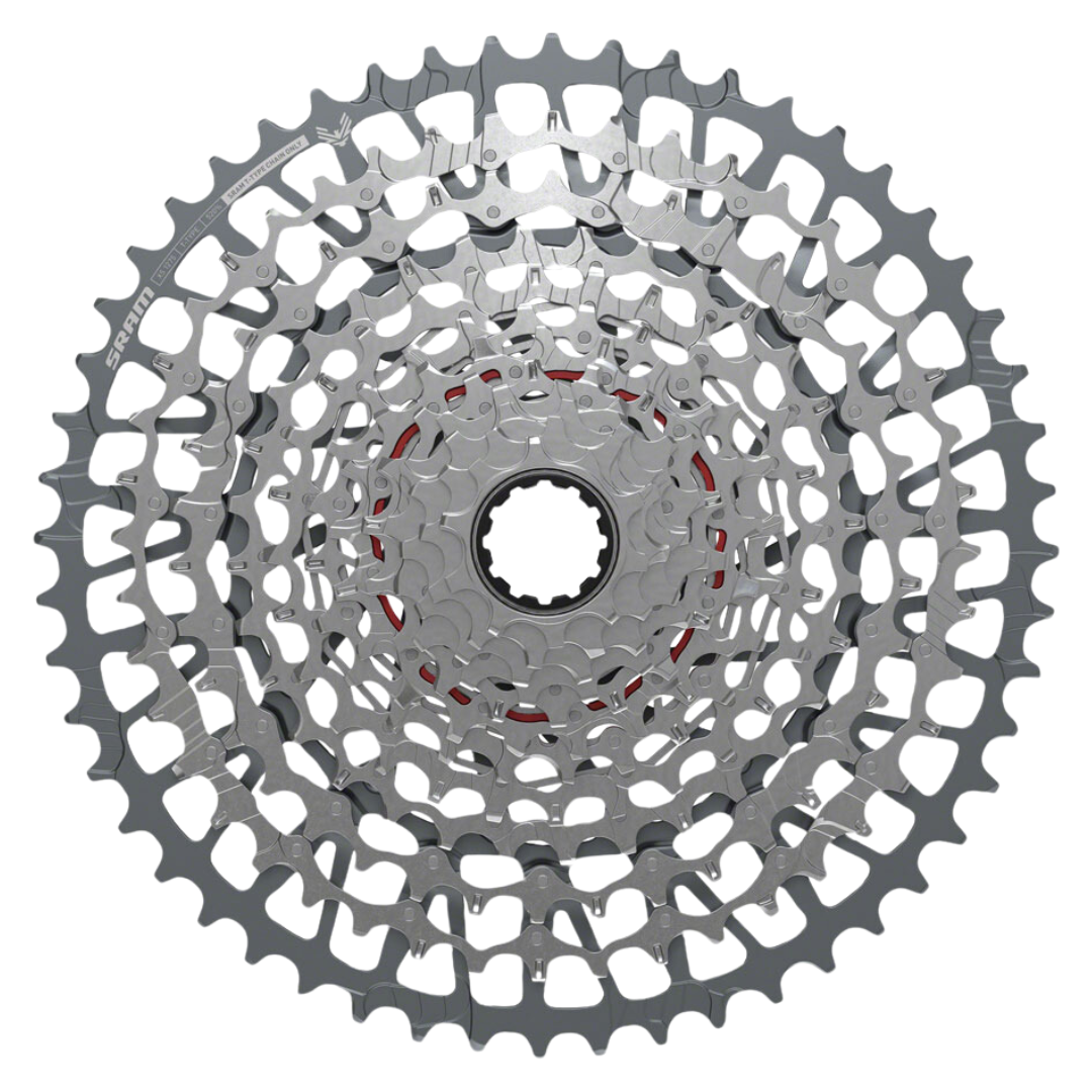 Grupo de transmisión SRAM GX T-Type Eagle: Bielas de 170 mm, plato de 32 dientes, controlador AXS POD, cassette de 10-52 dientes, desviador trasero y cadena.