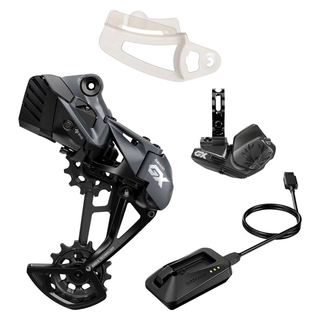 Kit de actualización SRAM GX Eagle AXS: Desviador trasero, batería, controlador Eagle AXS con abrazadera, cargador/cable, herramienta para ajustar el espacio de la cadena, negro.